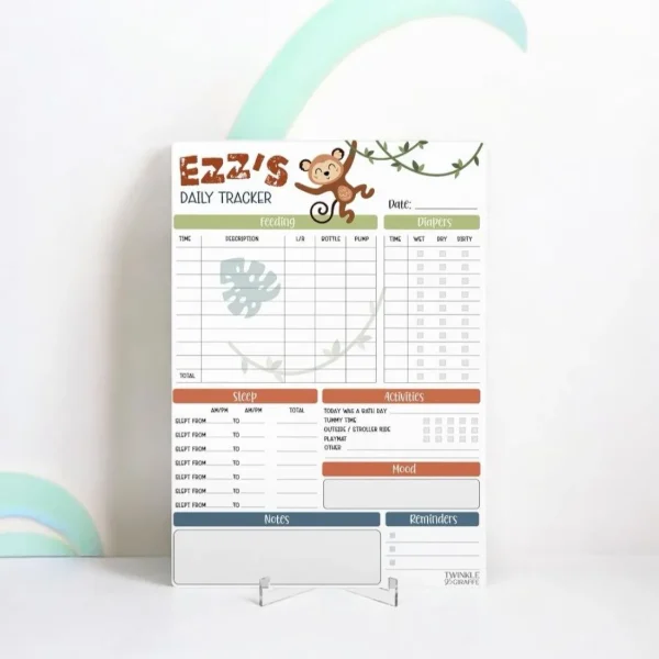 Twinkle u0026 Giraffe Baby Daily Tracker (Monkey) - Personalised Infant Care Chart Hot