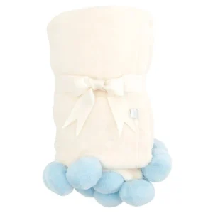 Elegant Baby Blue Pom Trim Fleece Baby Stroller Blanket Hot