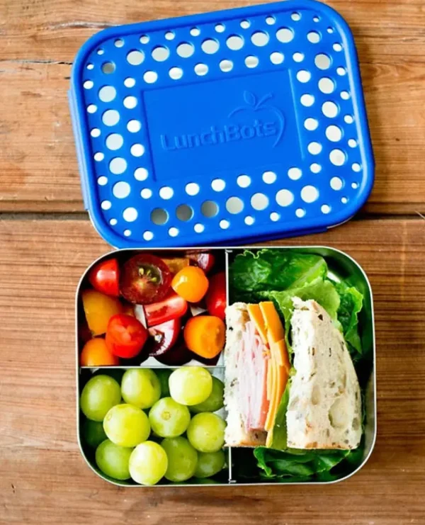 LunchBots Medium Trio Bento Box - Blue Dots Hot